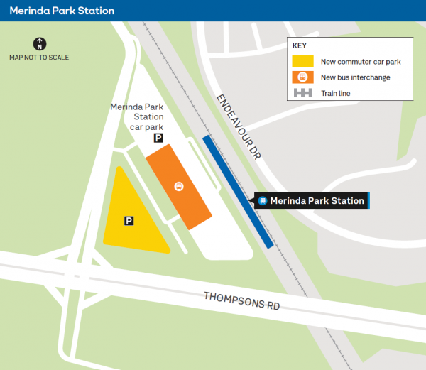 A map of Merinda Park Station, indicating locations of the new bus interchange and new commuter carpark.