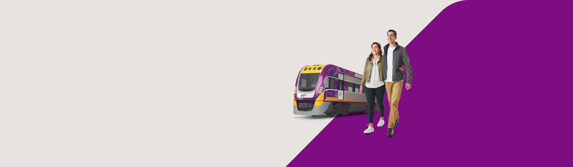 Image: A man and a woman walk together, with the woman holding the man around the waist. A V/Line train is behind them, on a half-grey, half-purple background.